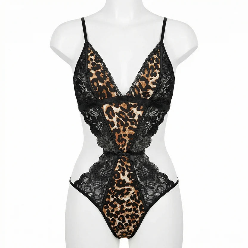 Leopar Desenli Dantelli Bodysuit - 9105