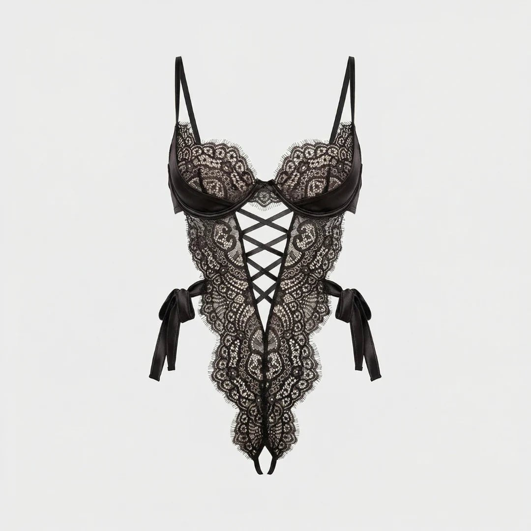 Siyah Dantelli Bodysuit - 8625 - FUGU.