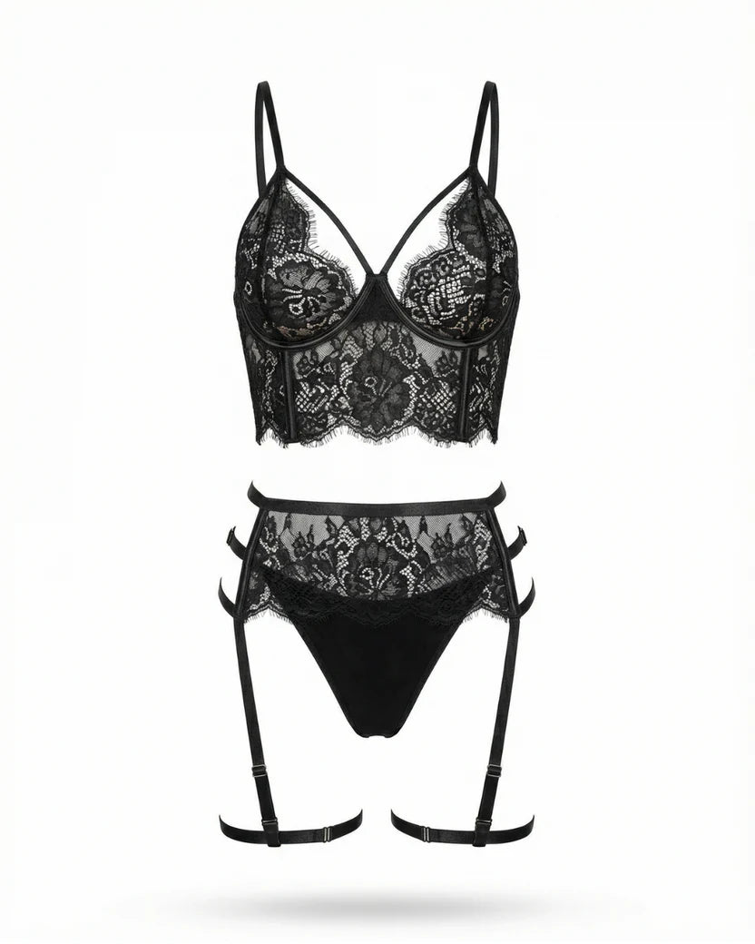 Siyah Dantelli Büstiyer & Jartiyer Takımı - 8251