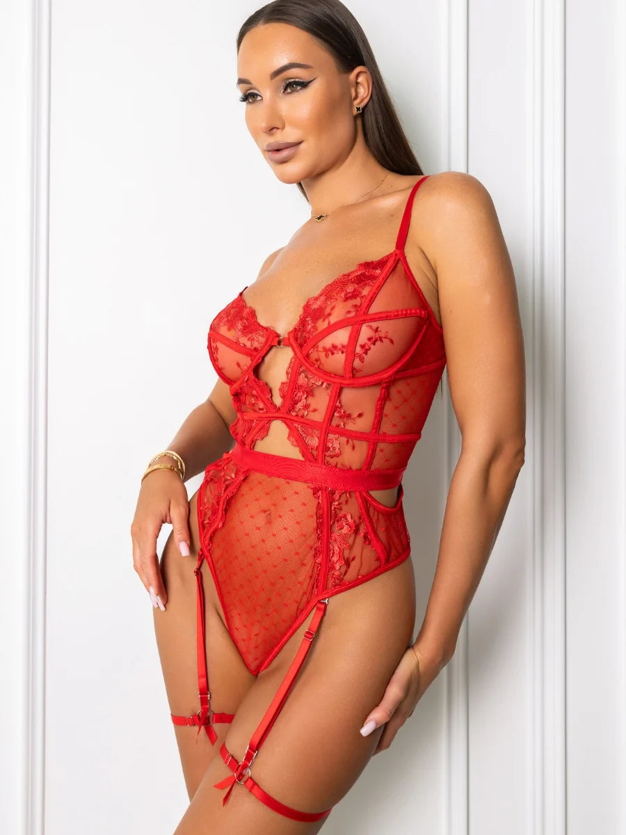 Natalia - Kırmızı Çiçek Nakışlı Balenli Jartiyer Bodysuit FUGU.TR