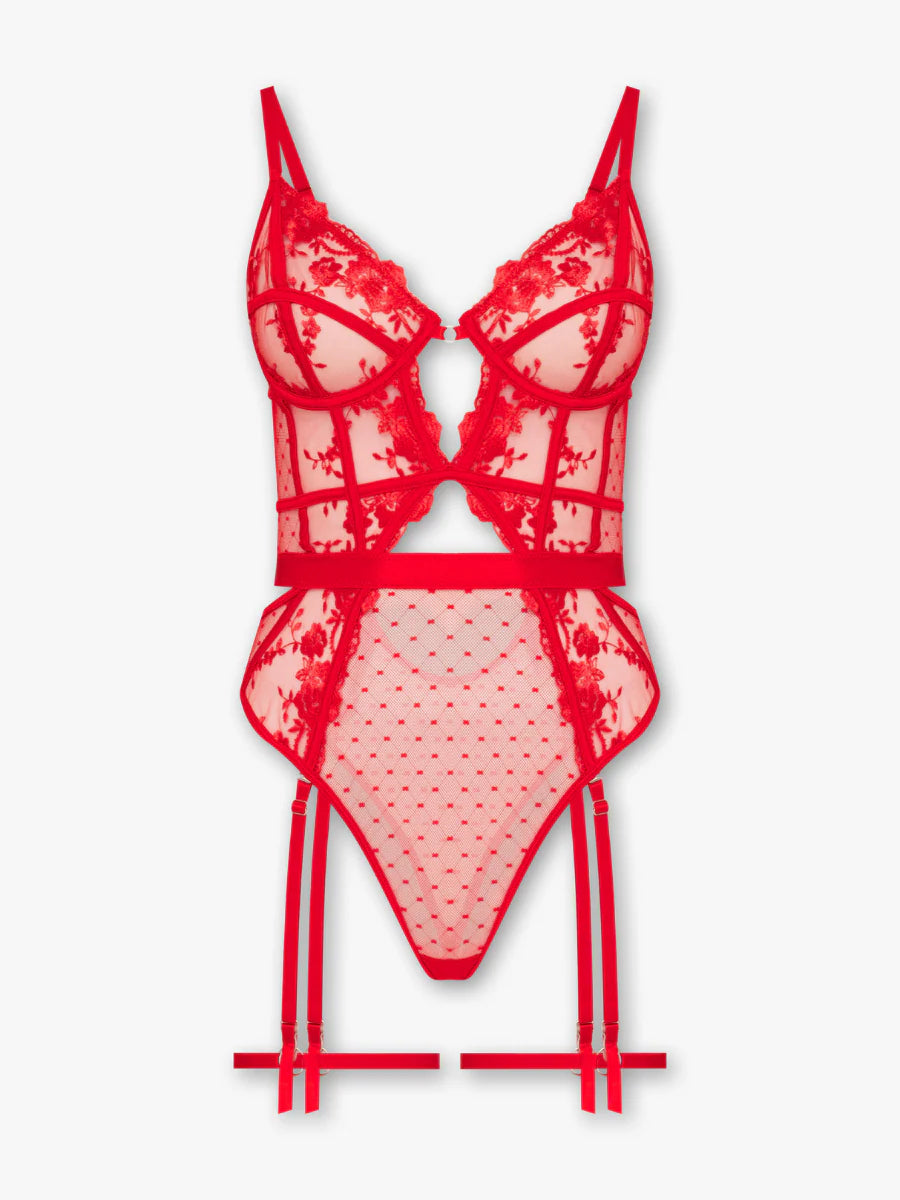 Natalia - Kırmızı Çiçek Nakışlı Balenli Jartiyer Bodysuit FUGU.TR