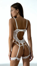 Beyaz Dantelli Bodysuit & Jartiyer Takım - 8462