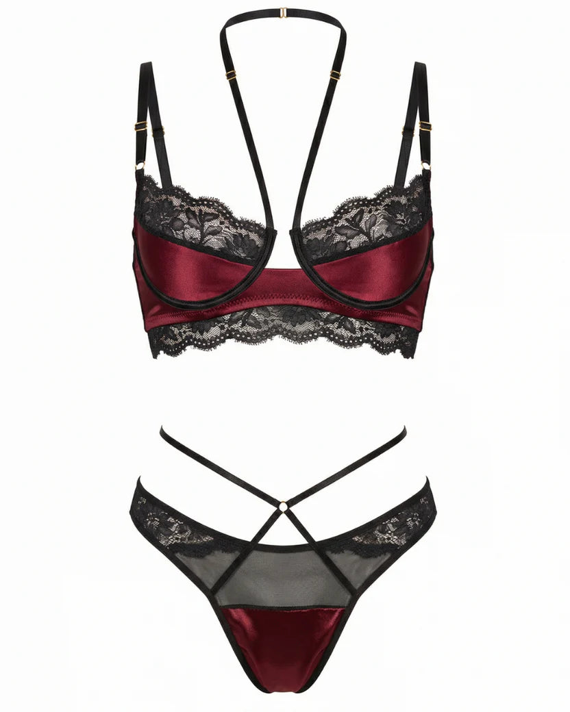 Bordo Siyah Dantel Detaylı Bralet Takım - 8623