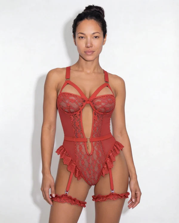 Kırmızı Dantelli Jartiyer & Bodysuit - 8450