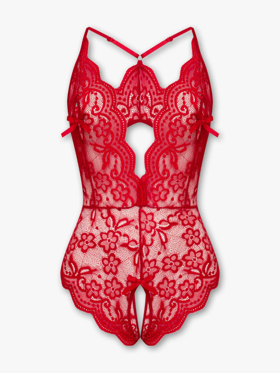 Liaza kırmızı dantelli özel bölgesi açık bodysuit, çarpıcı tasarımıyla dikkat çeken iç giyim modeli fugu.tr