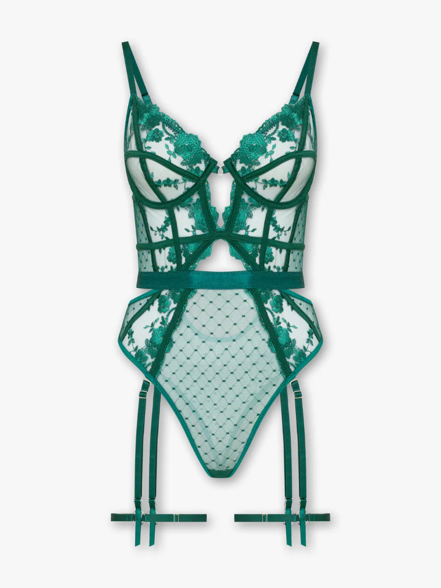 Natalia - Yeşil Çiçek Nakışlı Balenli Jartiyer Bodysuit