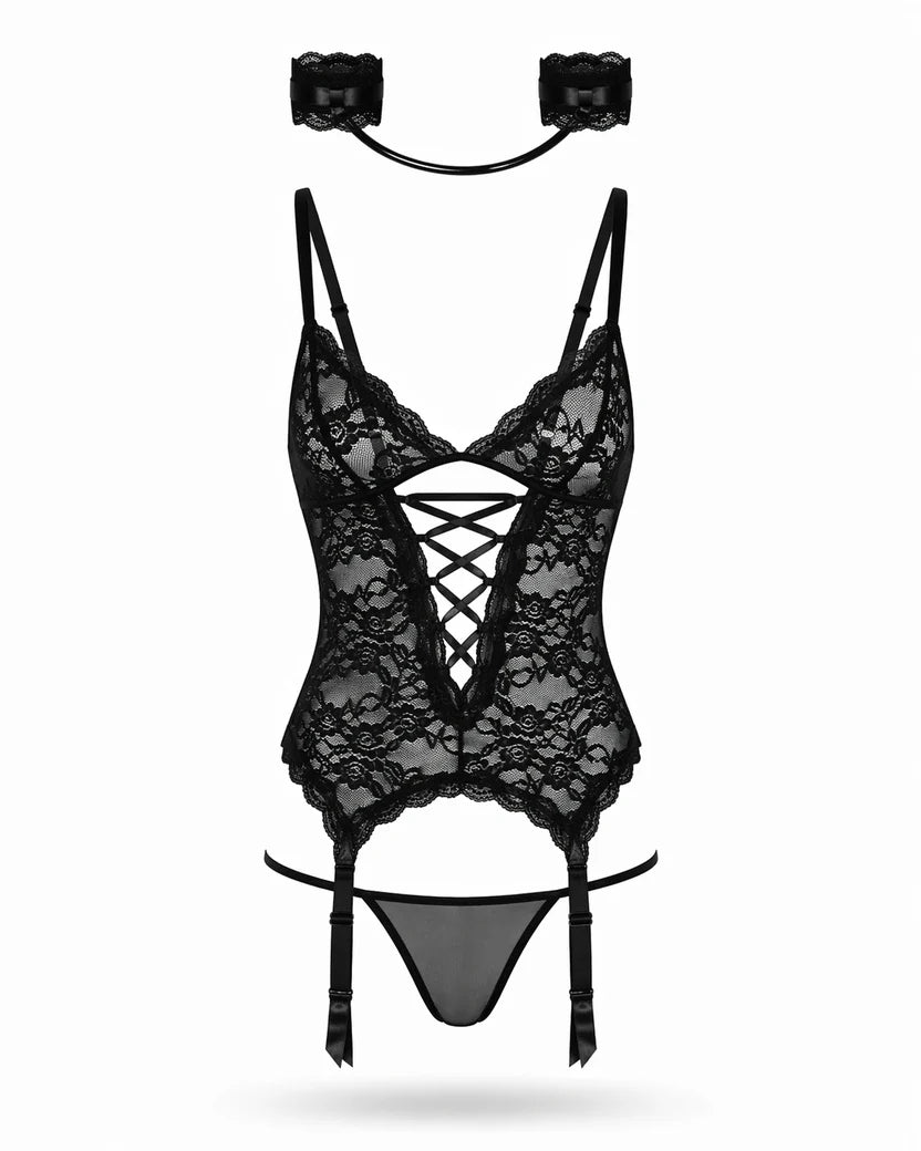 Siyah Dantelli Jartiyer & Bodysuit - 8139