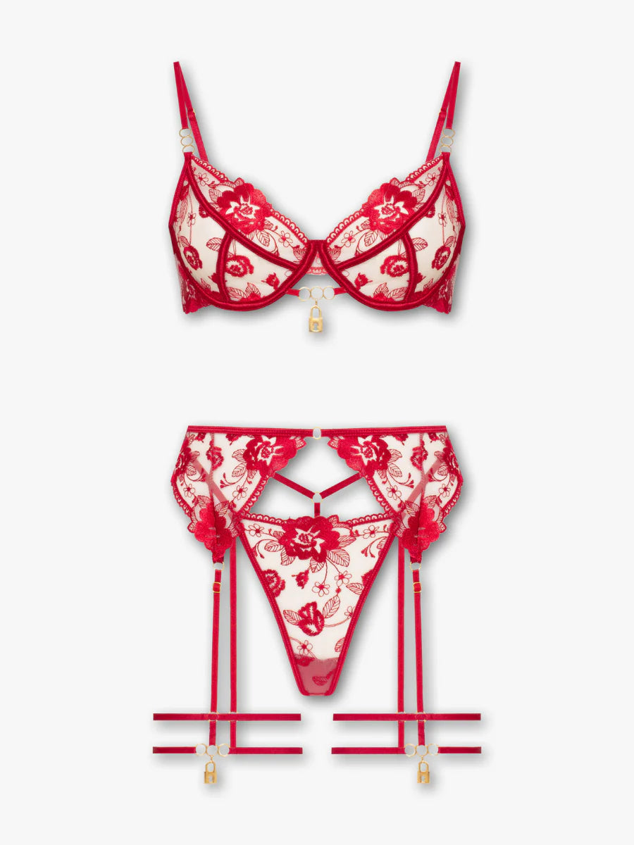 Crimson Temptation kırmızı balenli çiçekli jartiyer takımı