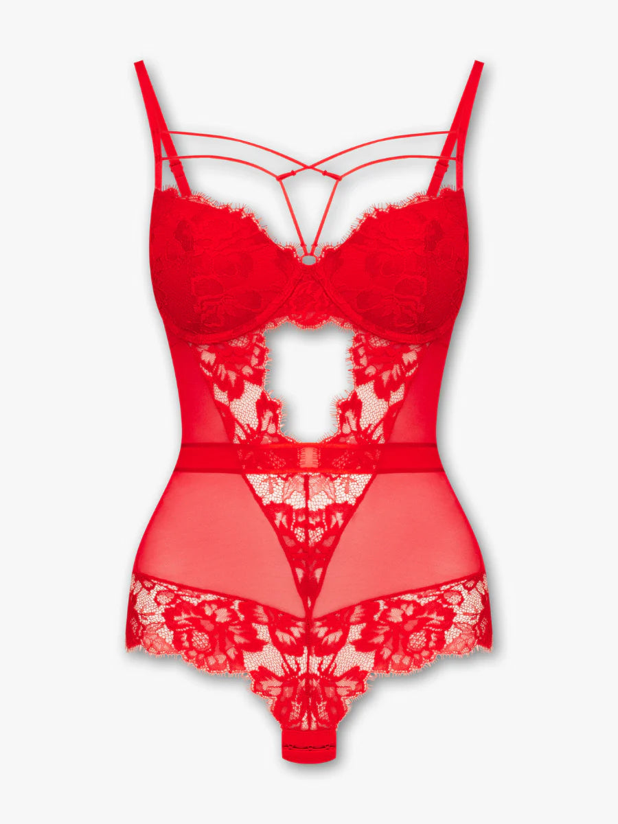 Janey Lace kirmizi balenli dantelli bodysuit gorunum