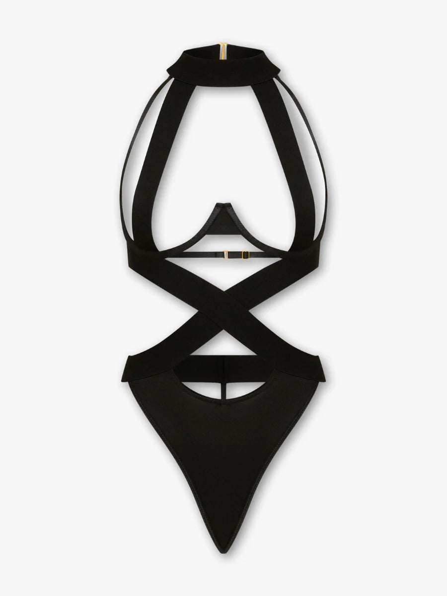 Micha siyah saten balenli tangali bodysuit gorunum