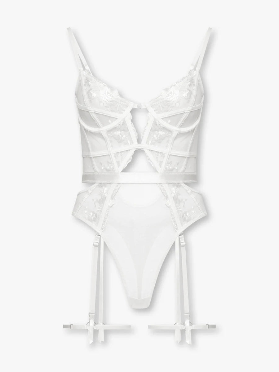Natalia beyaz cicek nakisli balenli gelin jartiyer bodysuit
