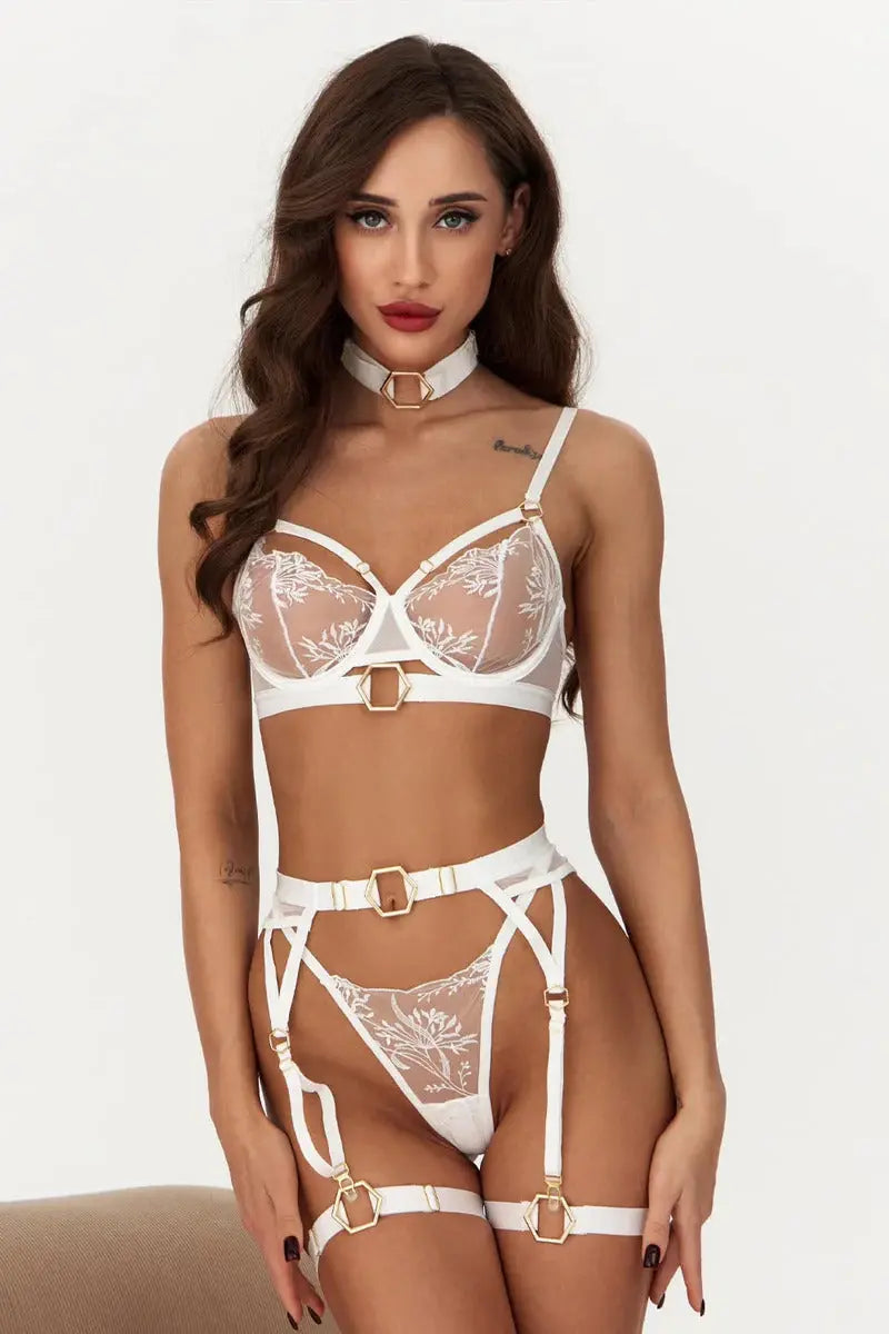 Snow Lace beyaz transparan balenli gelin jartiyer takımı görünüm, dantelli şık iç giyim seti
